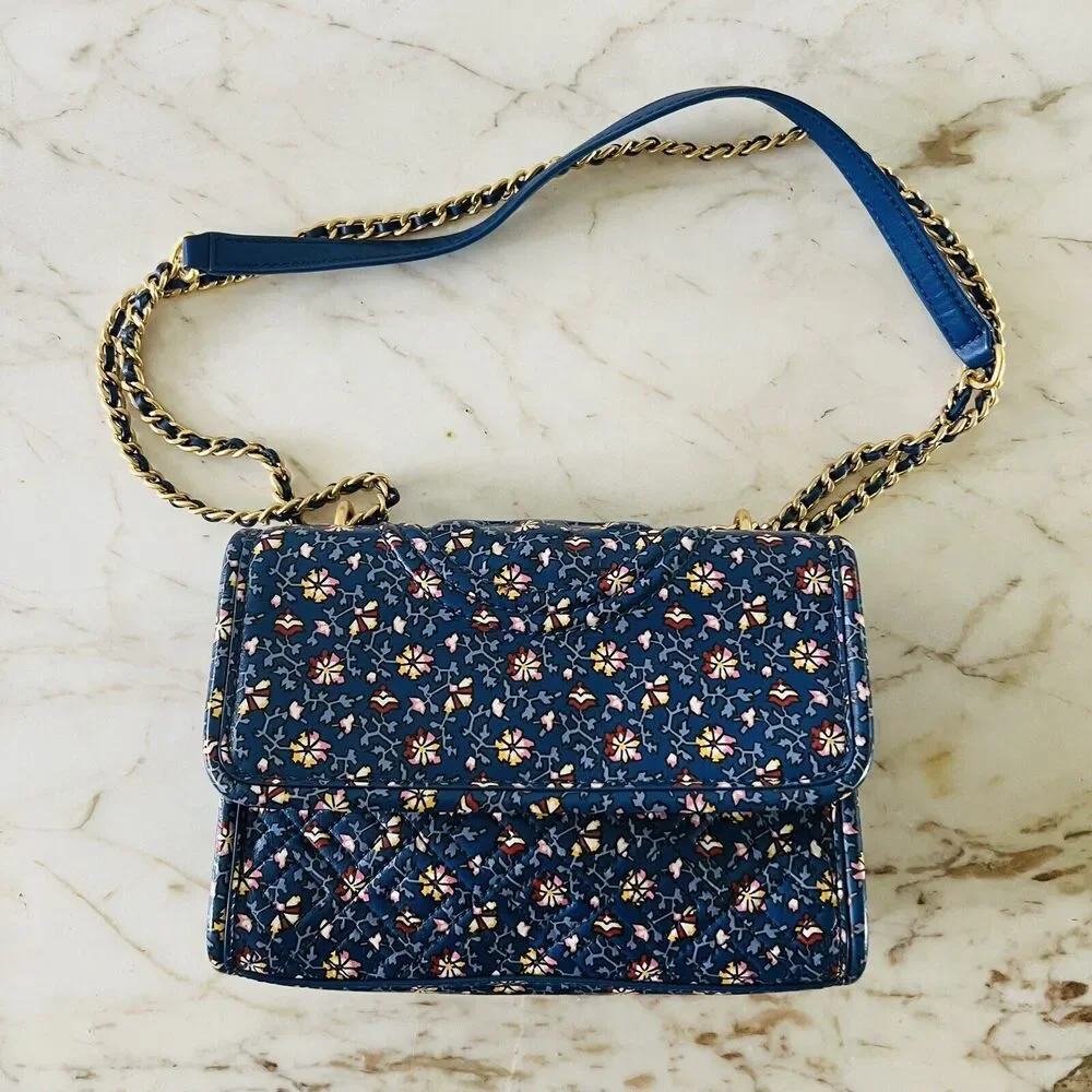TORY BURCH Fleming Blue Wild Pansy Printed Small Convertible Shoulder Bag